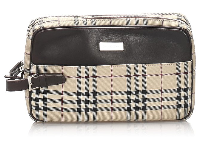 Burberry Brown House Check Canvas Clutch Bag Multiple colors Beige Leather Cloth Pony-style calfskin Cloth  ref.207337