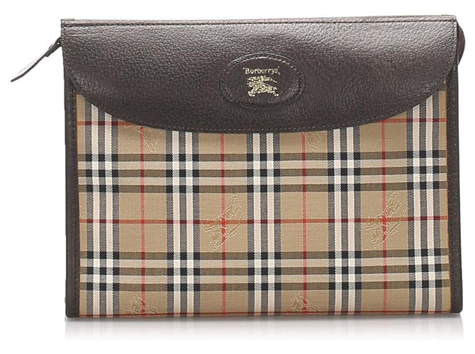 Burberry Brown Haymarket Check Canvas Clutch Bag Multiple colors Beige Leather Cloth Pony-style calfskin Cloth  ref.207352