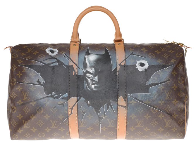 Louis Vuitton Keepall Travel Bag 60 in custom monogrammed canvas "Batman Vs Elmer" and numbered #71 by artist PatBo Brown Leather Cloth  ref.207406