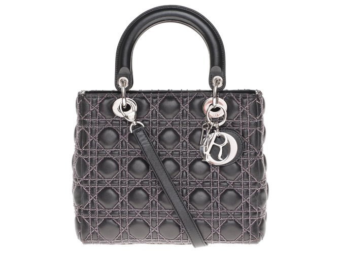 Serie limitada / Christian Dior bolso Lady Dior modelo MM en cuero cannage negro, Guarnición en métal argenté  ref.207416