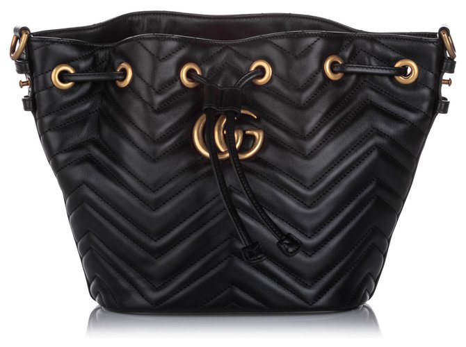 Gucci Black GG Marmont Bucket Bag Multiple colors Leather Cloth Pony style calfskin Cloth ref.207922 Joli Closet