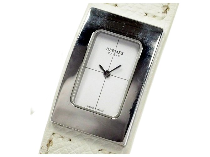 Hermès Reloj Hermes Midi Blanco Plata Cuero Acero Metal Becerro  ref.207977