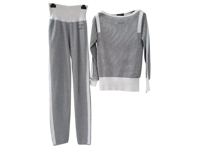 Chanel Algodão Logo Pants Suit Sz.34 Cinza
