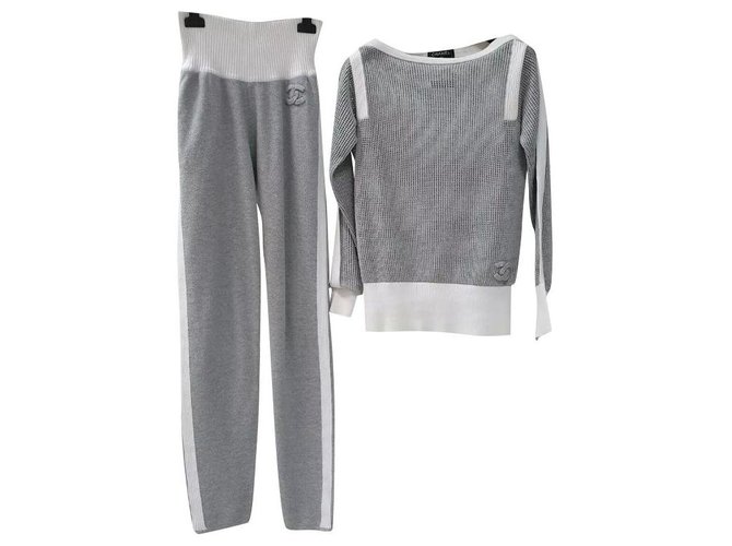 Chanel Cotton  Logo Pants Suit Sz.34 Grey  ref.208099