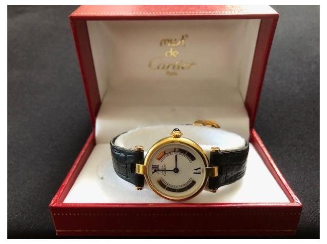 Relógio Must de Cartier Vendome Preto Dourado Vermelho  ref.208201