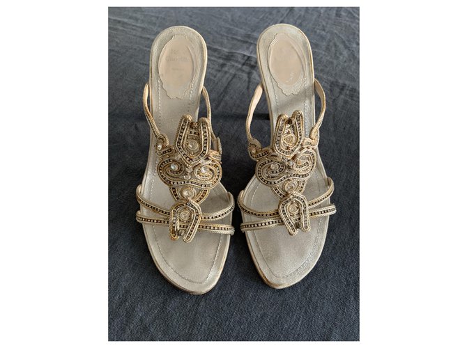 Rene Caovilla Embroidery sandals with Swarovski crystals Beige Linen  ref.208213