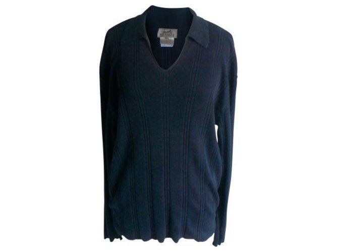 Hermès HERMES Men's navy cotton sweater with polo neck BE TXL Navy blue  ref.208225