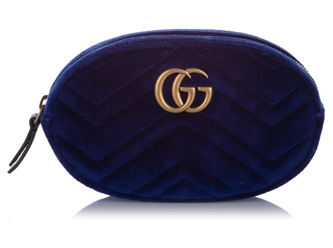 Gucci Blue GG Marmont Velvet Belt Bag Cuir Velours Veau façon poulain Tissu Bleu  ref.208666