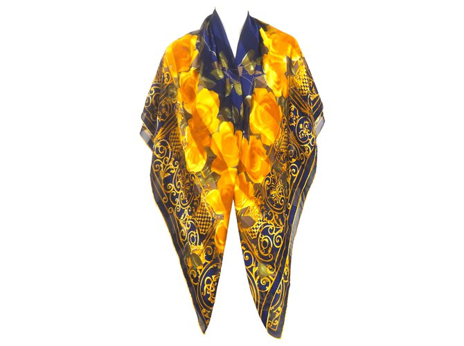 Lenço de seda Christian Dior vintage Dourado Amarelo Azul escuro  ref.208773