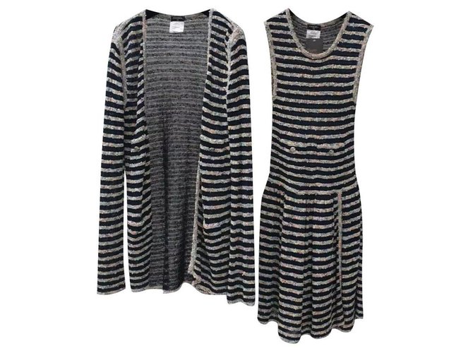 Chanel Striped Knit Tweed Kleid Anzug Set Gr.34, 36 Mehrfarben Baumwolle Viskose Polyamid  ref.208804