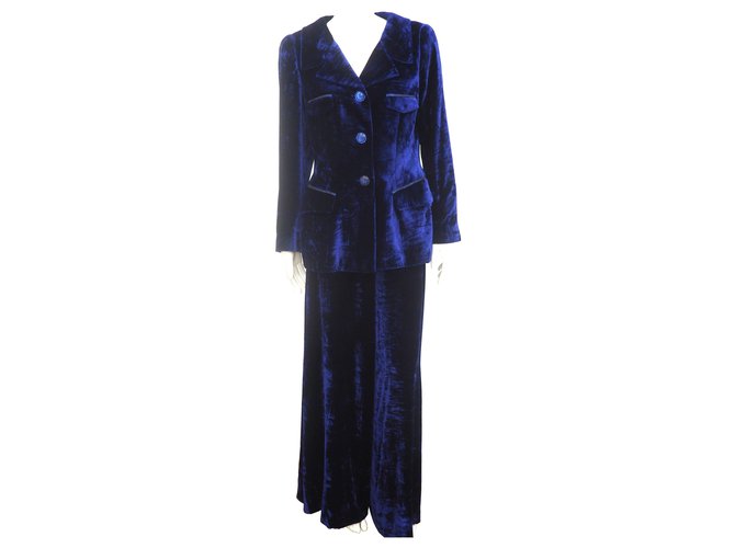 Rare Nina Ricci Velvet Suit Culotte Pantalon Blazer Taille M 38 Soie Viscose Bleu Bleu Marine  ref.208834