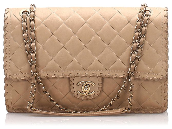 Chanel Brown Jumbo Classic Single Whipstitch Flap Bag Beige
