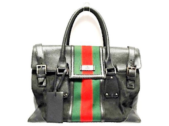 Gucci Borsa da viaggio web vintage in pelle nera con monogramma GG e pelle Nero Tela  ref.209049