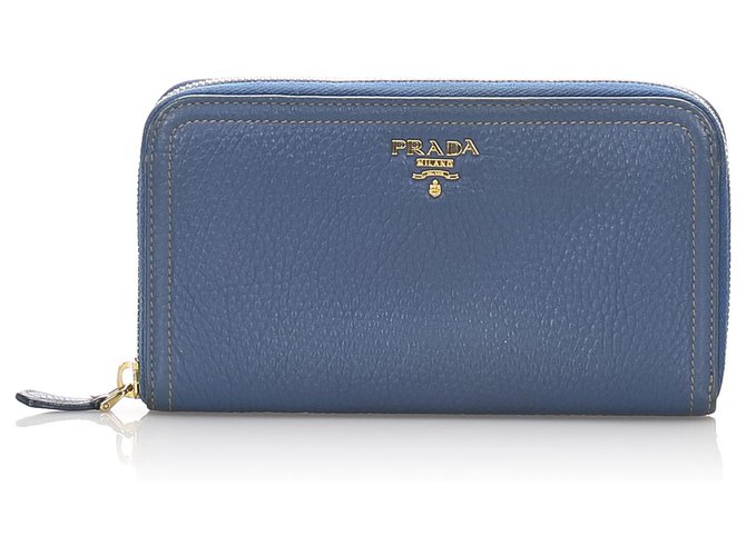 Prada Blue Vitello Daino Leather Zip Around Wallet Prada