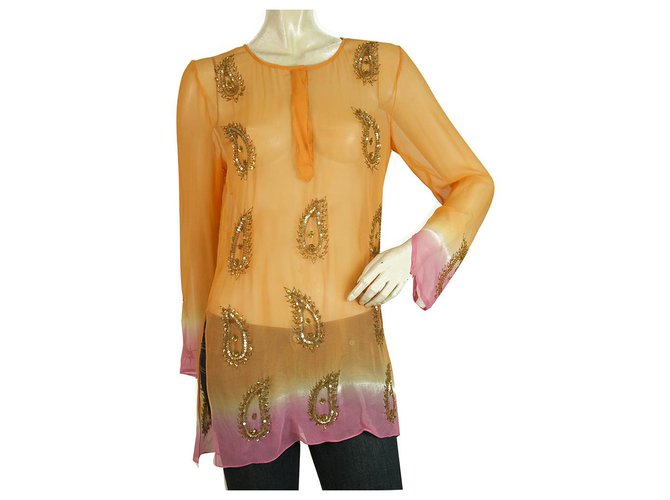 Autre Marque A ce soir Orange Silk Paisley Sequins Blouse Tunic Kaftan Cover Up Top sz S Multiple colors  ref.209242