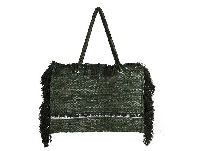 Autre Marque Ange Black Cotton Weave Boho Hippie Oversize Shoulder Bag with Fringes Handbag  ref.209245