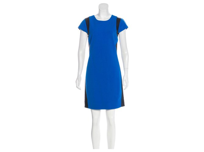 Diane Von Furstenberg Pele-Kleid mit DvF-Lederbesatz Schwarz Blau Viskose Elasthan Polyamid  ref.209373