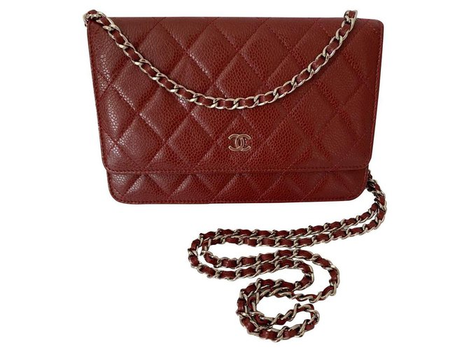Wallet On Chain Chanel Dark red Leather  ref.209379