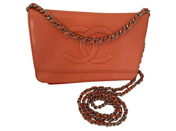 Wallet On Chain Chanel Coral Leather  ref.209382