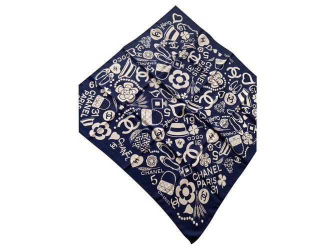 Chanel Silk scarves Navy blue  ref.209400