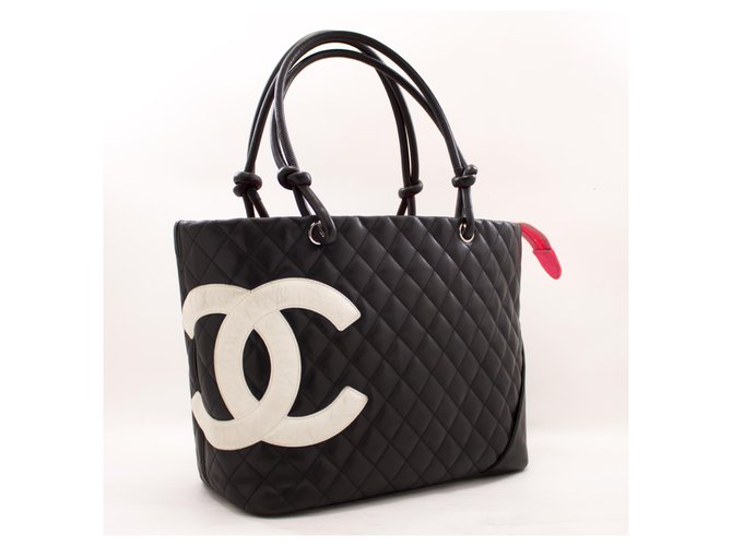 CHANEL Cambon Tote Large Shoulder Bag Black White Quilted calf leather