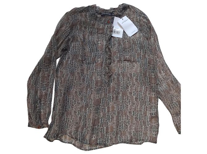 Antik Batik Blusa in Seta e Chiffon Stampata Beige Marrone Chiaro