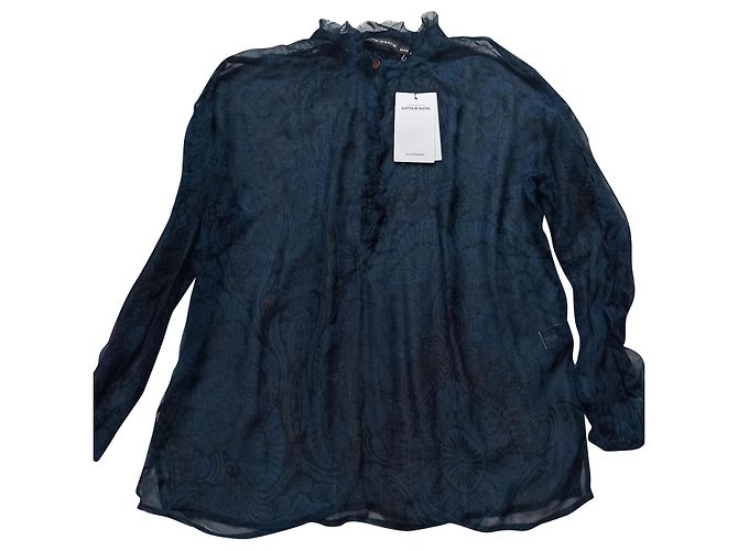 Antik Batik Blusa de Seda e Chiffon Estampada Azul