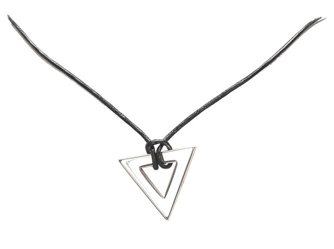 Gucci Silver Triangle Pendant Necklace Black Silvery Leather Metal Pony-style calfskin  ref.210170