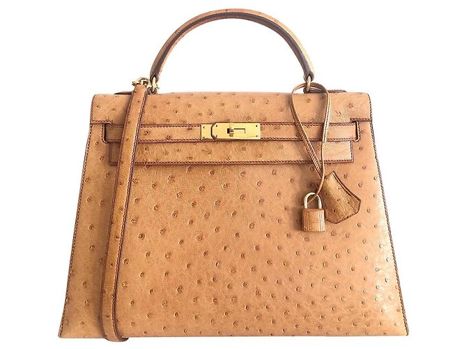 Hermès hermes kelly 32 in oro struzzo Marrone chiaro