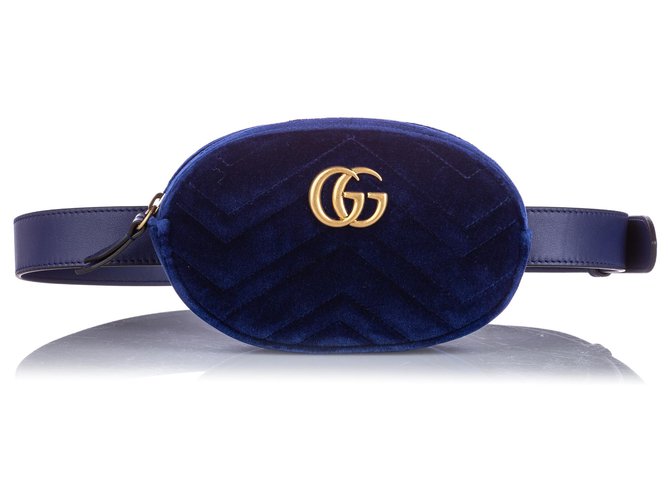 Gucci Blue GG Marmont Velvet Belt Bag Cuir Velours Veau façon poulain Tissu Bleu  ref.211066