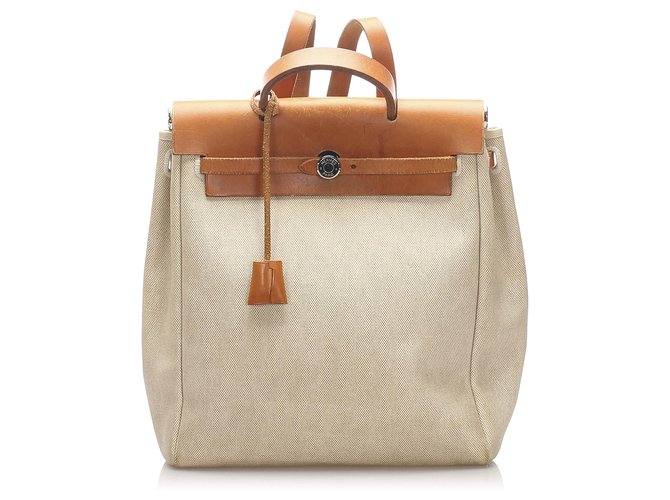 Hermès Zaino Hermes Marrone Herbag Beige Pelle Tela Vitello simile a un vitello Panno  ref.211086