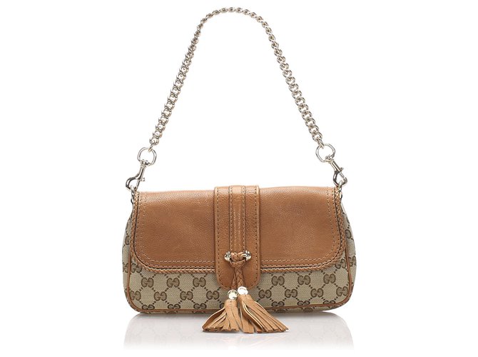 Gucci Brown GG Canvas Marrakech Evening Baguette Light brown Leather Cloth Pony-style calfskin Cloth  ref.211542