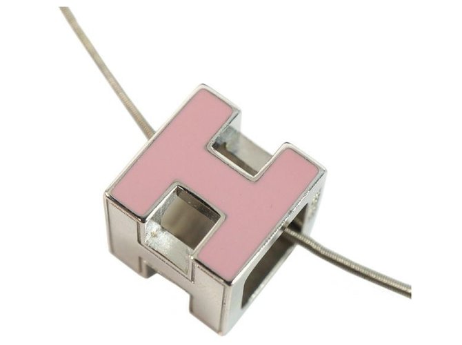 Hermès cage d h H Cube metal/ Palladium plated necklace pink x silver  ref.211921