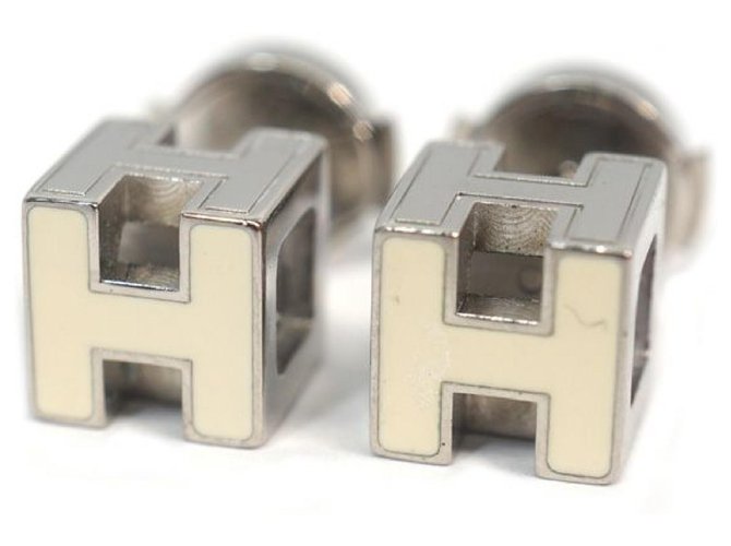 Hermès HERMES H Cube ivory metal/ Palladium plated Womens Earrings  ref.211945