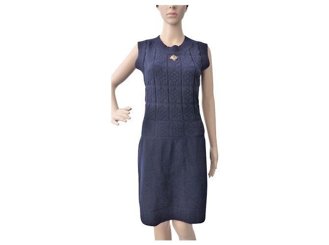 Chanel Paris-Shanghai Kamelien Strickkleid aus Wolle Blau