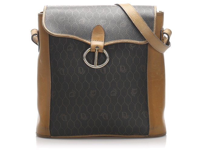 Dior Black Honeycomb Coated Canvas Crossbody Bag Brown Light brown Leather Cloth Pony-style calfskin Cloth  ref.212168