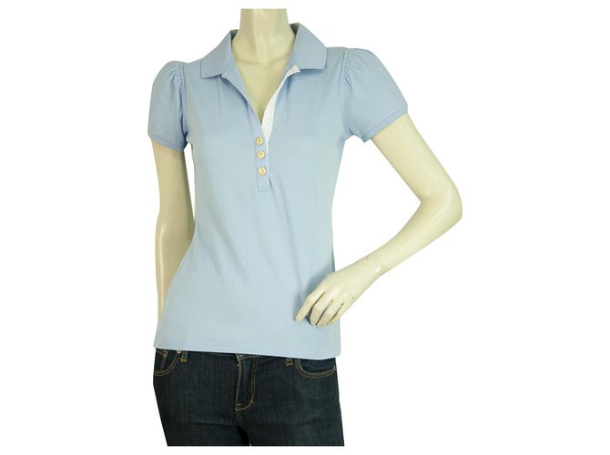 MONCLER Light Blue Short Sleeve deep V Cotton Polo neck T- Shirt top sz XS  ref.212219