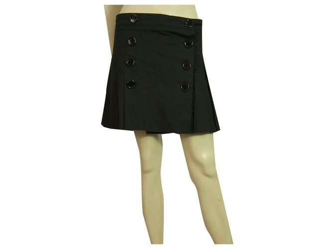 Burberry Pleated Black Double breasted Cotton Mini skirt engraved buttons size 8 Elastane  ref.212226