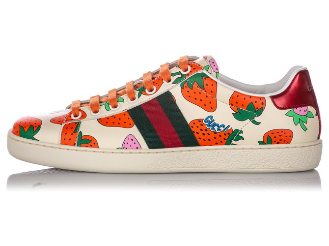 Gucci White Web Strawberry Ace Leather Sneaker Multiple colors Plastic Pony-style calfskin  ref.212381