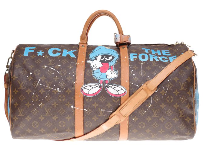 Louis Vuitton Keepall Travel Bag 55 with "Popeye" shoulder strap customized by the artist PatBo Brown Leather Cloth  ref.212828