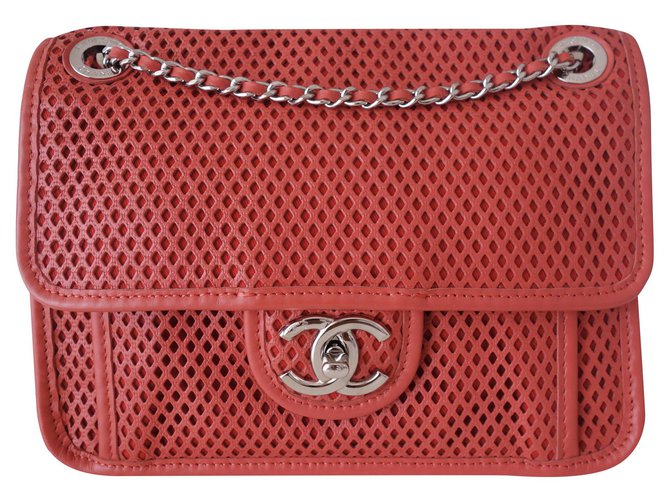Timeless SACO CHANEL CLÁSSICO LARANJA Coral Couro  ref.212839