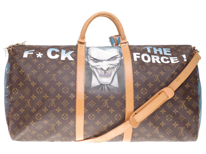 Bolsa de viaje Louis Vuitton Keepall 60 Correa de hombro de lona con monograma personalizado "Joker Vs Batman", F *** la fuerza ", numerado #77 por el artista PatBo Castaño Cuero Lienzo  ref.212844