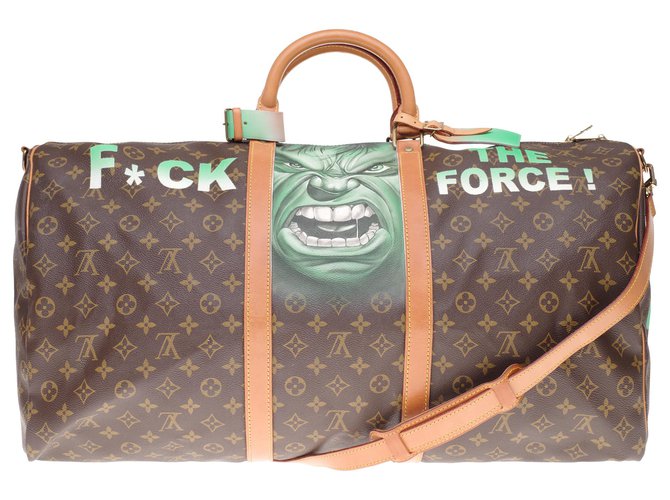 Louis Vuitton Keepall Travel Bag 60 Alça de ombro personalizada em canvas com monograma "Hulk Vs Yoda", F *** a força ", numerado #75 pelo artista PatBo Marrom Lona  ref.212848