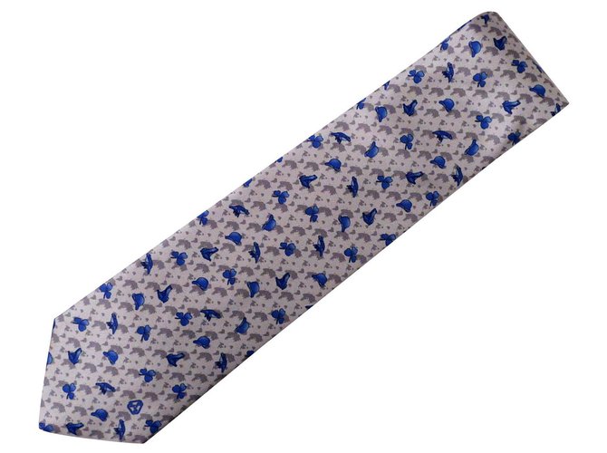 Autre Marque André-Claude Canova Gravata de sarja de seda estampada, subida de mão, Azul Cinza  ref.212874