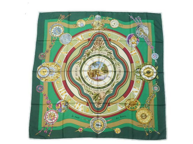 Hermès HERMES Time spent among the flowers Carre90 parmi les fleurs je compt Womens scarf green  ref.213107