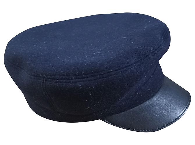 Hermès Hermes wool & leather Baker boy's hat Black Navy blue