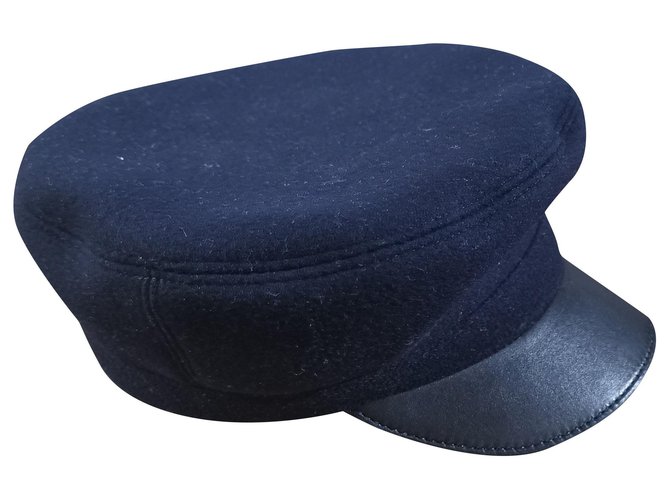 Hermès Chapéu de padeiro de lã e couro Hermes Preto Azul marinho  ref.213157