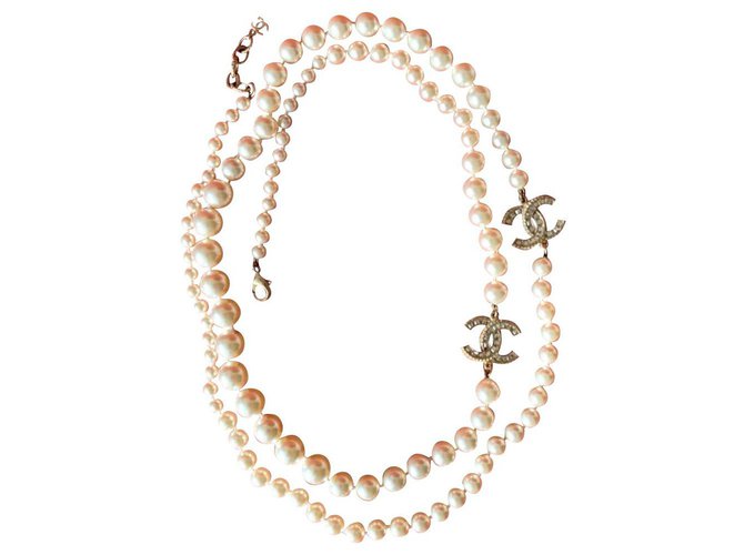 Chanel CC crystals long pearl lined strand necklace  ref.213169