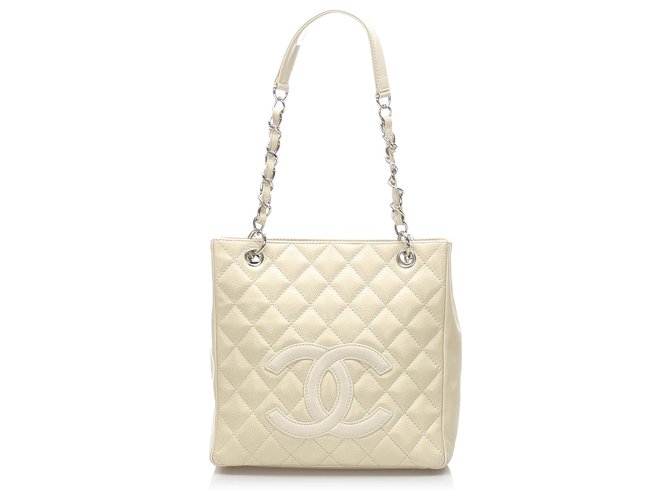 Chanel White Caviar Petit Shopping Tote Cream Leather  ref.213439
