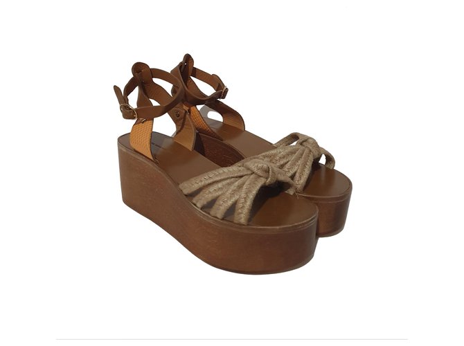 Isabel Marant Etoile Sandals Brown Beige Leather Cloth Wood  ref.213491